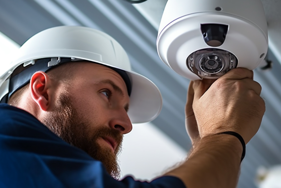 Worker installing security system in warehouse.